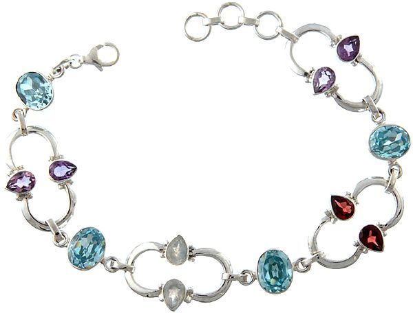 Faceted Gemstone Bracelet (Blue Topaz, Garnet, Rainbow Moonstone and Amethyst)