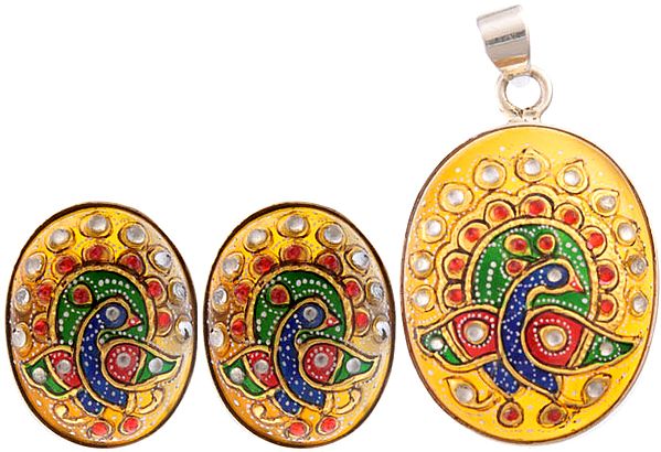 Meenakari Peacock Pendant with Earrings Set