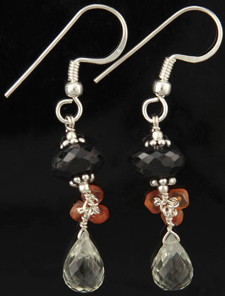 Faceted Green Amethyst Drop Earrings with Black Onyx and Carnelian