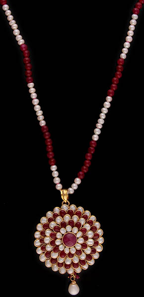 Pearl and Faux Ruby Necklace With Mandala Pendant