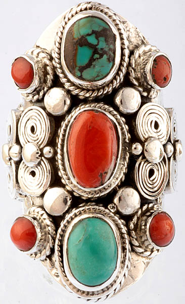 Coral and Turquoise Ring with Spiral