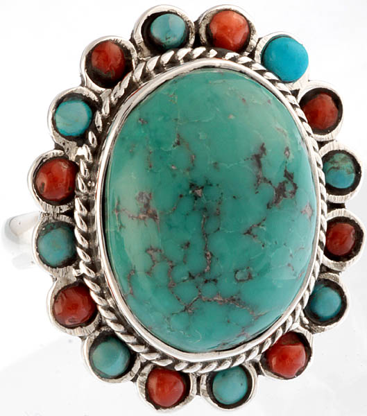 Turquoise Oval Ring with Coral
