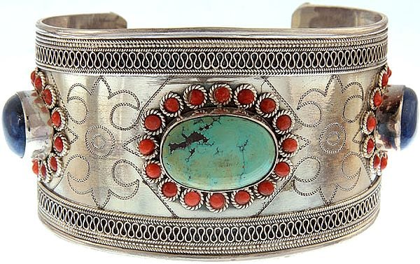 Turquoise Cuff Bracelet with Coral, Lapis Lazuli and Filigree