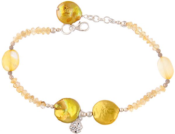 Triple Gemstone Bracelet with Charm (Hessonite, Pearl and Yellow Chalcedony)
