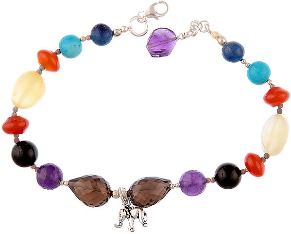 Multi-color Gemstone Bracelet with Elephant Charm (Lapis Lazuli, Turquoise, Carnelian, Citrine, Black Onyx, Amethyst and Smoky Quartz)