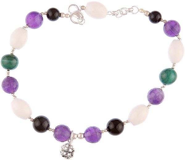 Multi-color Gemstone Bracelet with Charm (Black Onyx, Amethyst, White Marble and Malachite)