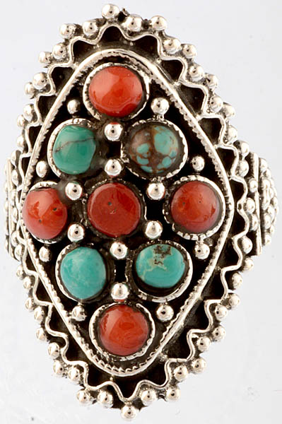 Coral and Turquoise Mughal Ring