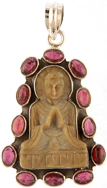 Lord Buddha (Carved in Softstone) Pendant with Garnet