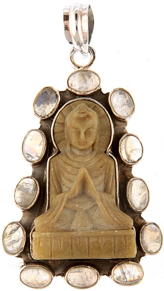 Preaching Buddha Pendant (Carved in Stone) with Rainbow Moonstone