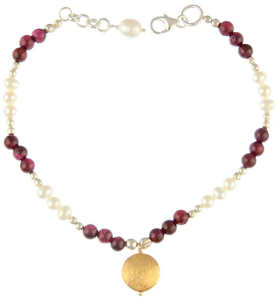 Pearl and Garnet Bracelet with Gold Plated Dangling Disc