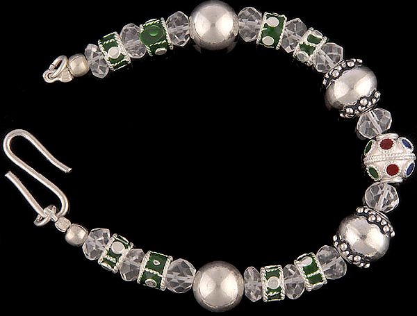 Sterling Meenakari Beaded Bracelet with Faceted Crystal