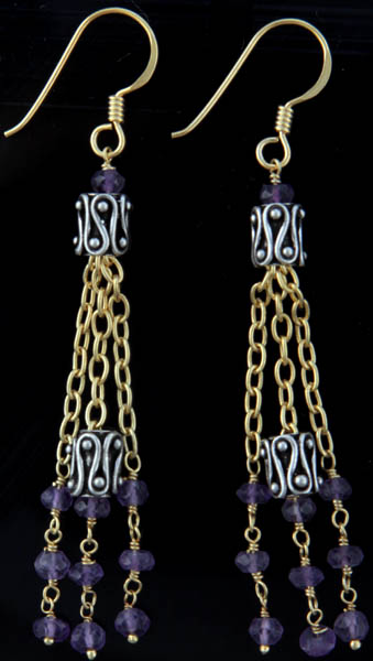 Faceted Amethyst Gold Plated Shower Earrings with Filigree