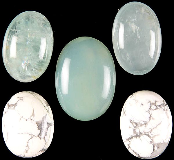Lot of Five Gemstone Cabochons (Aquamarine, Peru Chalcedony and Dendrite Opal)