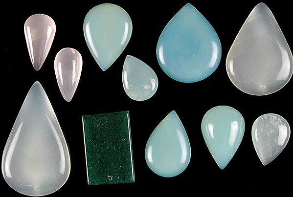 Lot of Eleven Gemstone Shapes (Rose Quartz, Peru Chalcedony, Blue Chalcedony and Green Aventurine)