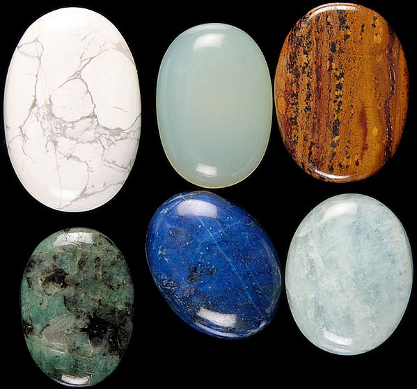 Lot of Six Gemstone Cabochons (Dendrite Opal, Peru Chalcedony, Picture Jasper, Emerald, Lapis Lazuli and Aquamarine)