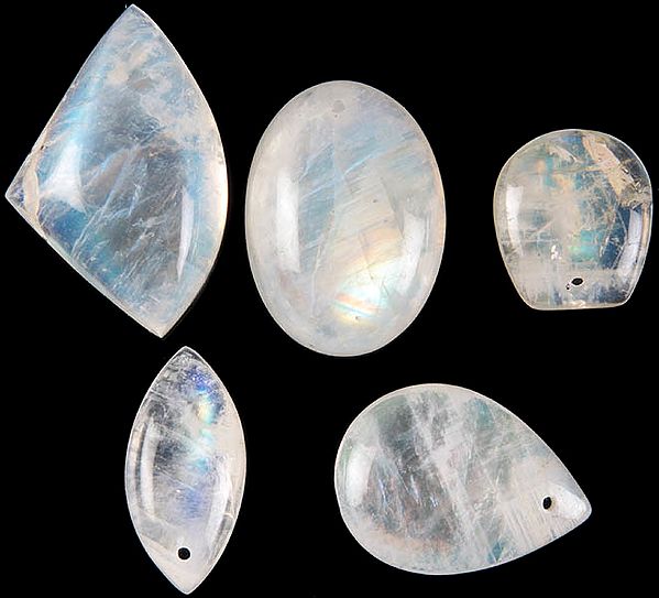 Lot of Five Rainbow Moonstone Drilled Cabochons