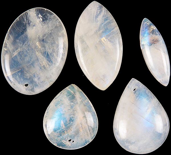 Lot of Five Rainbow Moonstone Cabochons (Four Drilled and One Undrilled)