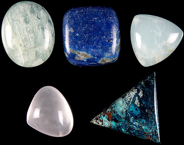 Lot of Five Gemstone Undrilled Shapes (Aquamarine, Lapis Lazuli, Aquamarine, Rose Quartz and Azure Malachite)