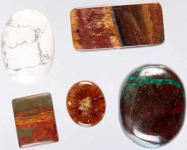 Lot of Five Gemstone Cabochons (Dendrite Opal, Agate and Brown Tourmaline)