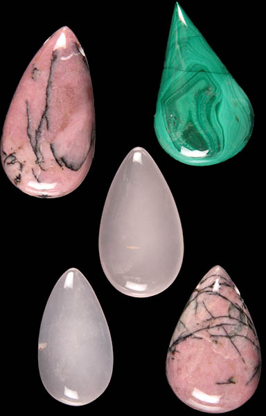 Lot of Five Gemstone Teardrop Cabochons (Rhodochrosite, Malachite and Rose Quartz)