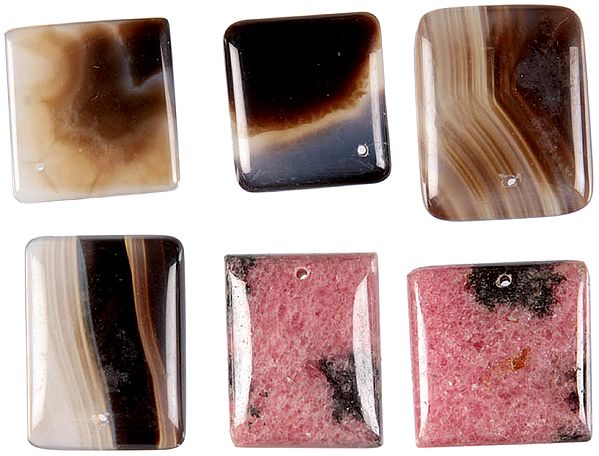 Lot of Six Square Gemstone Drilled Cabochons (Black Onyx and Rhodonite)