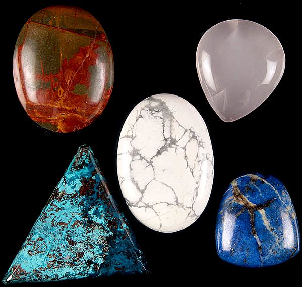 Lot of Five Gemstone Cabochons (Agate, Rose Quartz, Dendrite Opal, Azure Malachite and Lapis Lazuli)
