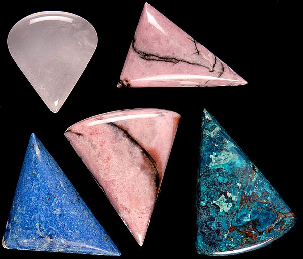 Lot of Five Gemstone Triangular Cabochons (One Drilled and Four Undrilled) Rose Quartz, Pink Opal, Lapis Lazuli and Azure Malachite)