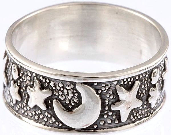 Sterling Crescent Moon and Stars Ring | Exotic India Art
