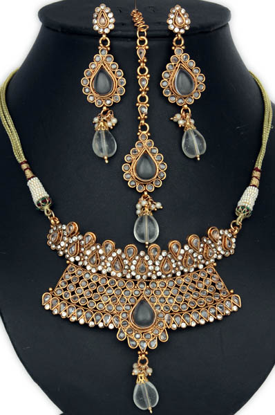 Golden Cut Glass Royal Necklace with Earrings and Forehead Tikka