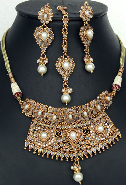 Royal Necklace with Earrings and Tikka Set with Faux Pearls