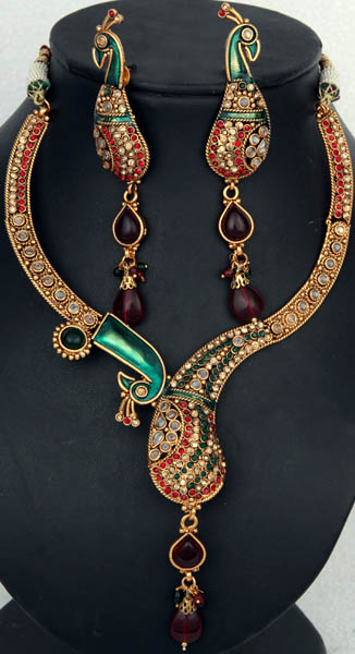 Stylized Peacock Necklace with Earrings