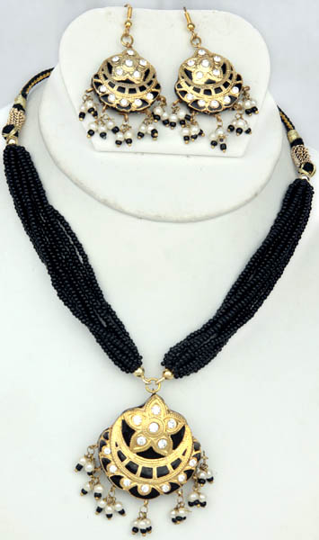 Black Necklace and Earrings Set with Islamic Crescent Moon and Sitara