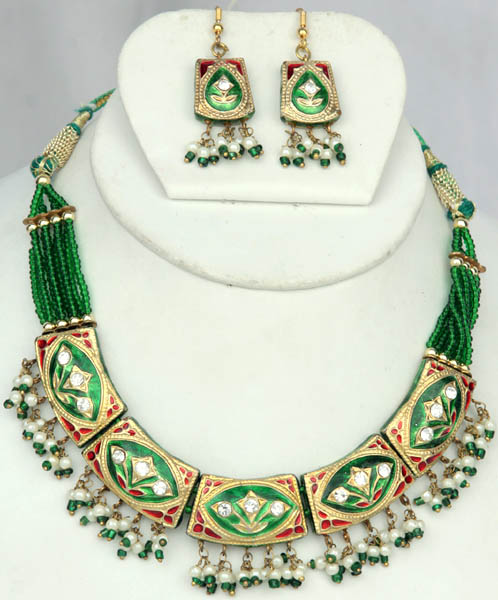 Green and Red Meenakari Necklace Set