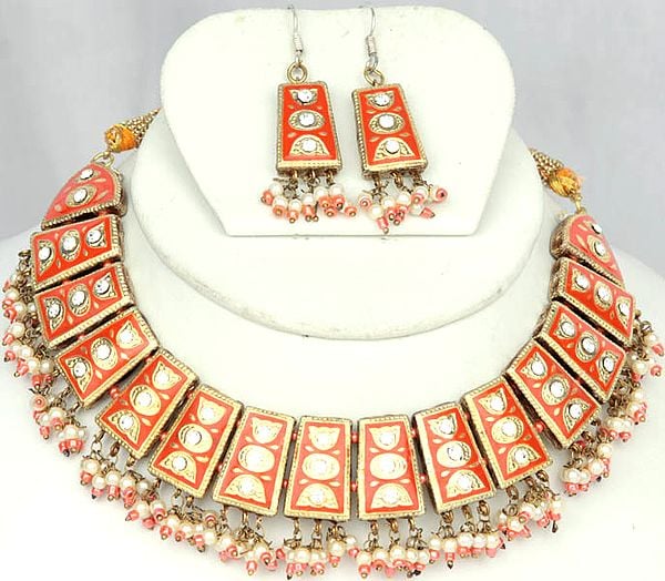 Orange Meenakari Necklace Set with Dangling Beads