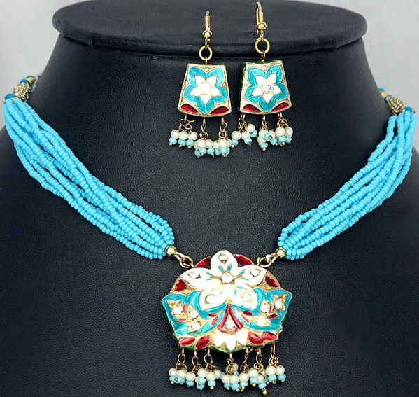 Turquoise Star-Spangled Necklace and Earrings with Peacocks on Reverse