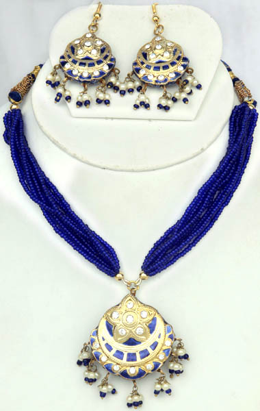 Royal-Blue Star-Spangled Necklace and Earrings with Peacocks on Reverse