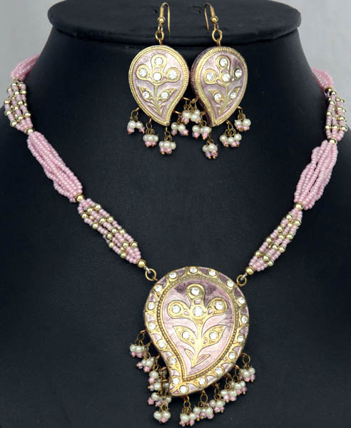 Pink Meenakari Necklace and Earrings Set with Large Paisleys