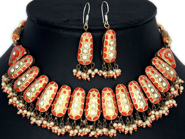 Orange Meenakari Necklace Set with Matching Earrings