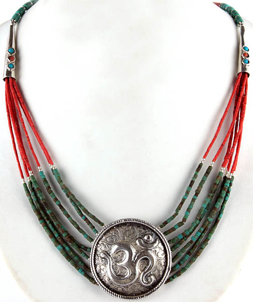 Coral and Turquoise Beaded Necklace with Large Om (AUM) Pendant