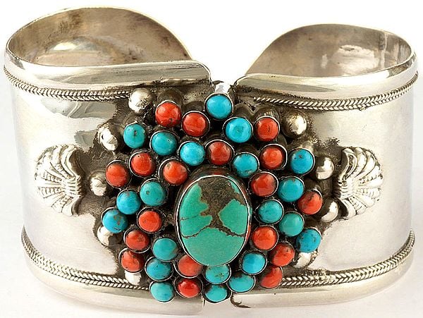 Turquoise and Coral Cuff Bangle