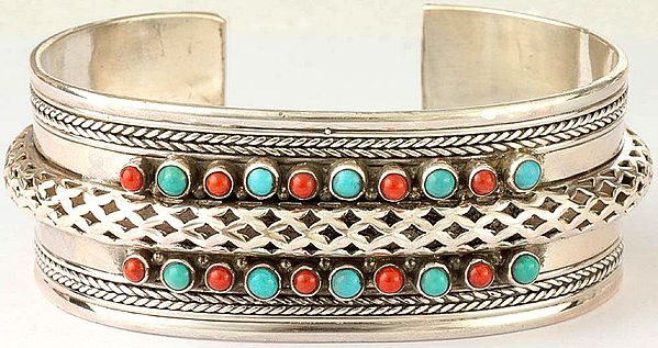 Turquoise and Coral Cuff  Bracelet