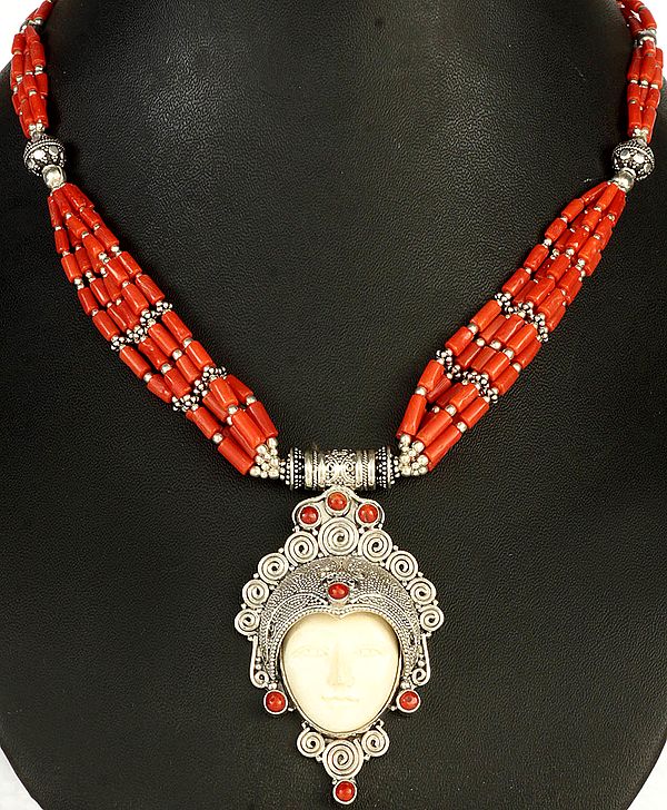 Coral Beaded Necklace with White Tara Pendant