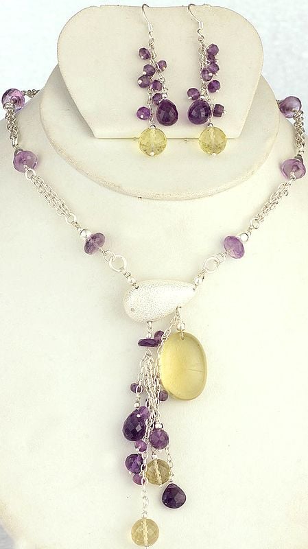 Lemon Topaz and Amethyst Necklace with Earrings Set