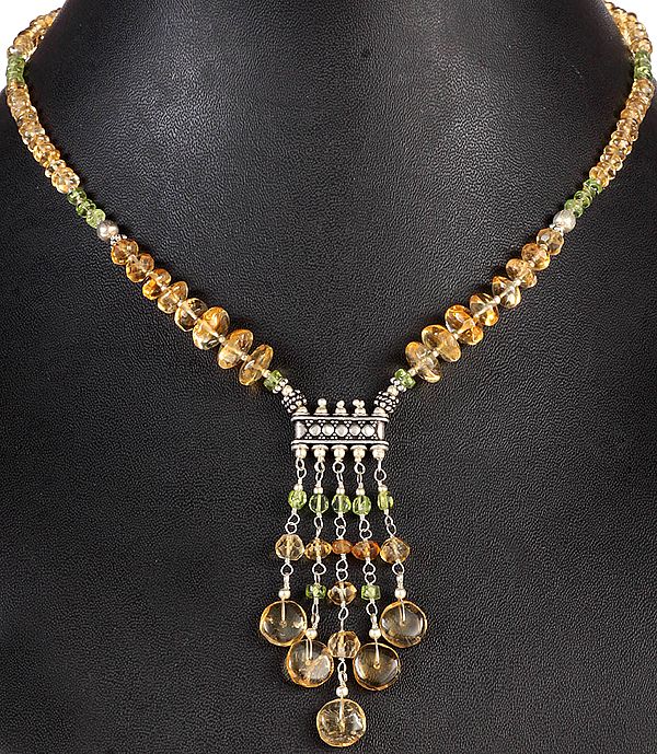Citrine and Peridot Beaded Necklace with Charms