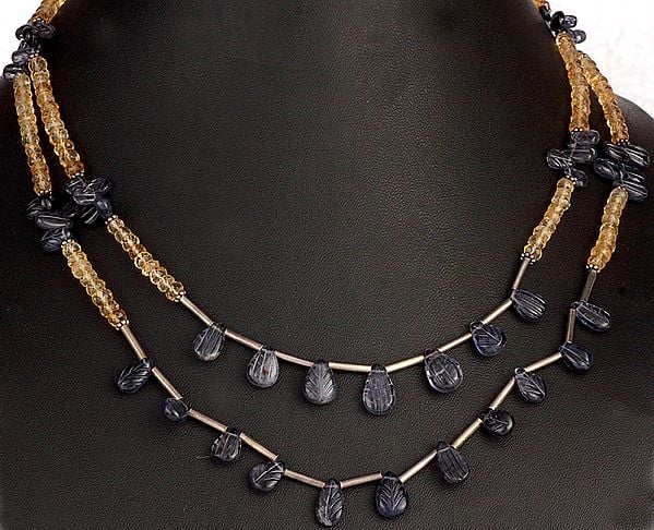 Faceted Citrine Beaded Necklace with Carved Iolite