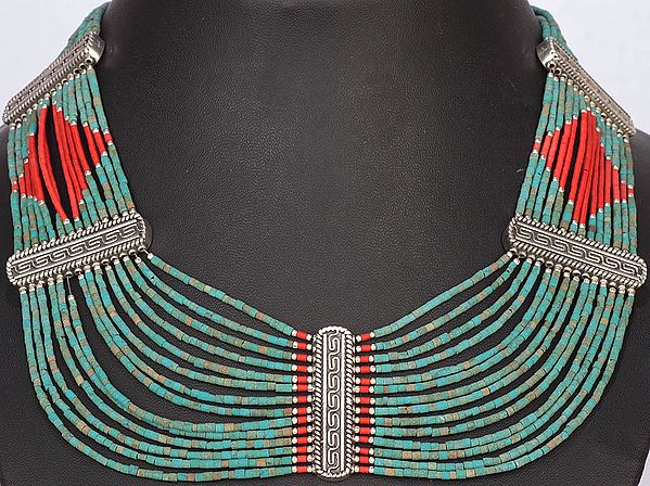 Turquoise and Coral Beaded Fine Necklace (Beads from Afghanistan)