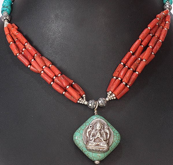 Coral and Turquoise Beaded Necklace with Chenrezig Pendant