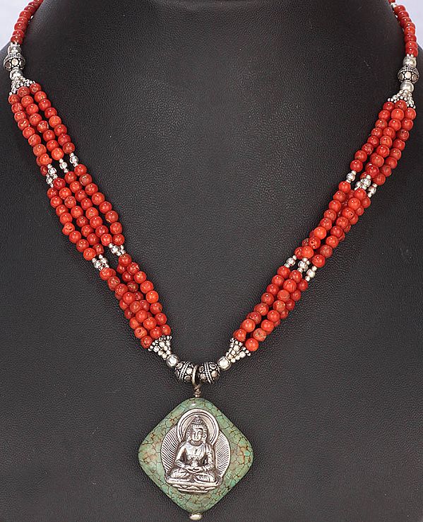 Amitabha Buddha Necklace with Coral and Turquoise