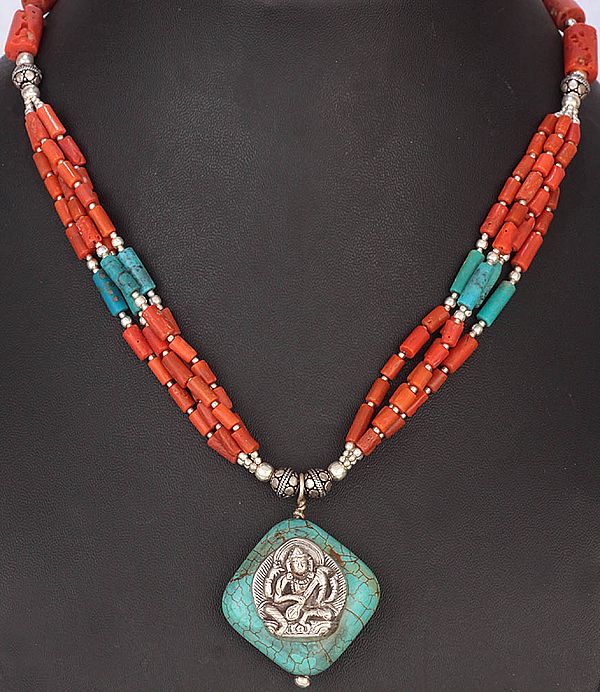 Goddess Saraswati Coral and Turquoise Necklace