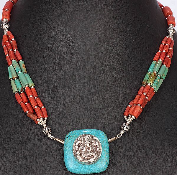 Coral and Turquoise Ganesha Necklace